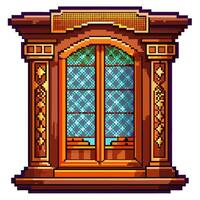 Vintage Pixel Art Wooden Window Frame with Ornate Patterns and Blue Curtains vector