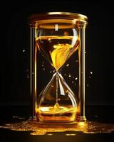 Golden hourglass with liquid flowing out of it photo