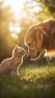 A cat and dog sharing a tender moment in a sunlit setting. animal bonding photo