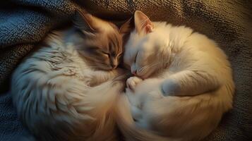 Two cats cuddling peacefully on a soft blanket. animal bonding photo