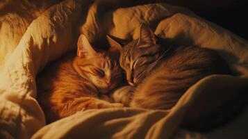 Two cats peacefully sleeping together under a blanket. animal bonding photo