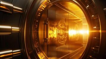 Golden vault door with light shining through it photo