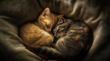 Two cats cuddling together in a cozy setting. animal bonding photo