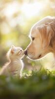 A dog and cat share a tender moment in nature. animal bonding photo