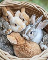 A basket full of cute rabbits cuddling together. animal bonding photo