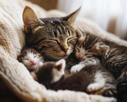 A mother cat cuddling with her adorable kittens in a cozy setting. animal bonding photo
