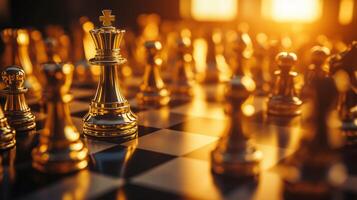 Golden chess pieces on a chess board with the sun shining photo