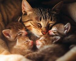 A mother cat sleeping with her adorable kittens in a cozy setting. animal bonding photo
