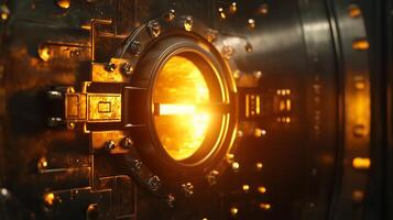 A close up of a bank vault door with a light shining through it photo