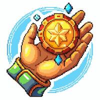 Pixel Art Hand Holding Gold Coin with Blue Gems in Retro Game Style vector