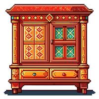 Retro Pixel Art Wooden Cabinet with Ornate Decorative Patterns vector