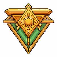 Pixel Art Golden Shield Emblem with Gemstone and Geometric Patterns vector