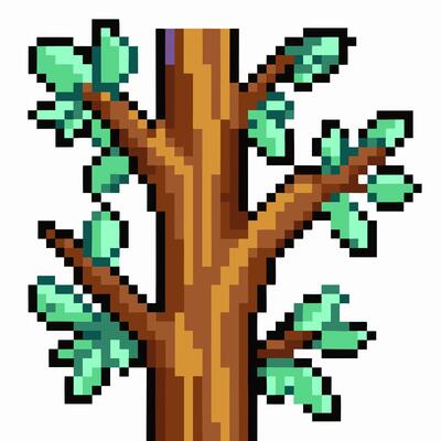 Retro Pixel Art Tree Illustration with Green Leaves for Game Design
