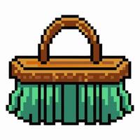 Retro Pixel Art Basket Illustration with Wooden Handle and Green Detailing vector