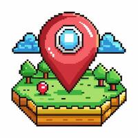 Pixel Art Isometric Landscape with Location Pin and Cloudy Sky vector