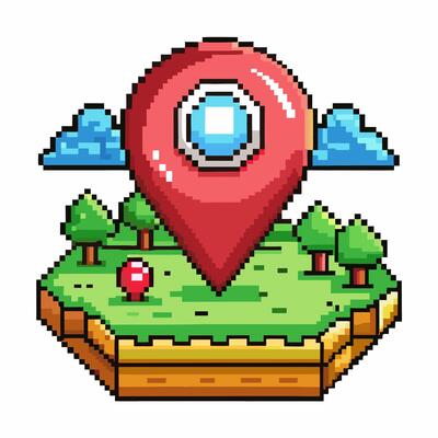 Pixel Art Isometric Landscape with Location Pin and Cloudy Sky