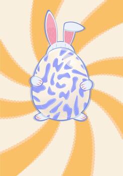 Easter poster with yellow swirl, rabbit and egg. Groovy y2k postcard, grunge retro card. Just add the greeting text Happy Easter below vector