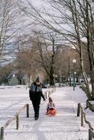 Smiling mother carries a small child on a sled on a path in the park photo