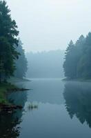 Fog hanging over lake surrounded by pine trees in early morning photo