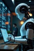 Advanced humanoid robot programming on laptop in futuristic office photo