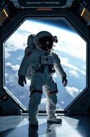 Astronaut standing near window in spacecraft showing planet earth photo