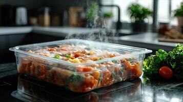 Ultra-processed foods concept. Steaming ultra-processed foods in plastic container on stove photo