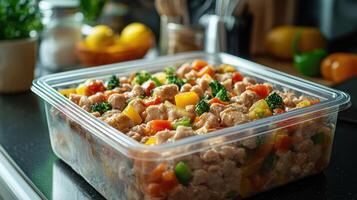 Ultra-processed foods concept. Container of colorful frozen ultra-processed foods with vegetables photo