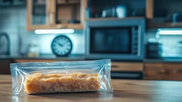 Ultra-processed foods concept. Packaged ultra-processed foods on kitchen counter, ready to eat photo