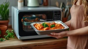 Ultra-processed foods concept. Woman holding tray of ultra-processed foods near microwave photo