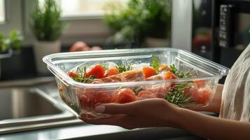 Ultra-processed foods concept. Clear container of Ultra-processed foods with fresh herbs photo