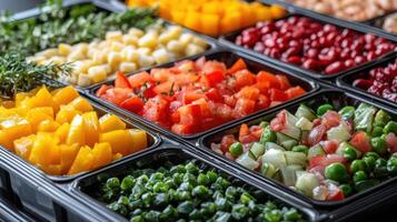 Close-up frozen dinner tray unwrapped, colorful ingredients neatly arranged, microwave-ready, quick meal concept photo