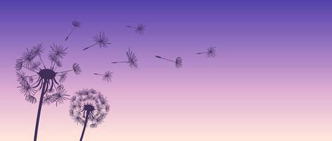 A horizontal background features silhouettes of dandelions and floating seeds against a stunning gradient sunset. The colors create a serene atmosphere, highlighting the beauty and tranquility of vector