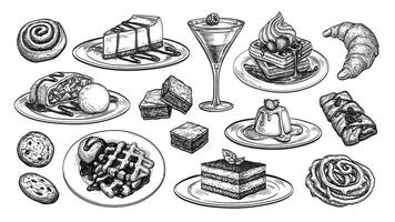 15 Desserts And Pastry Illustrations in an ink sketch style. vector