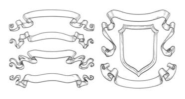 Set of banners. Vintage ribbons and shield. Hand drawn illustration in an ink sketch style isolated on white background. vector