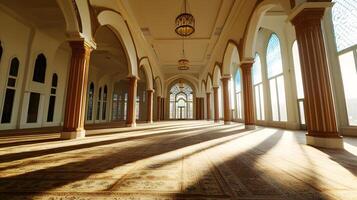 A large empty room with many windows and a large archway photo