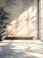 An empty room with a large window and a plant photo
