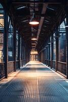 An empty walkway in a building with lights photo