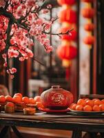 A table with oranges and a red lantern photo