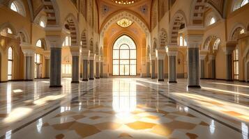 A large room with a large archway and columns photo