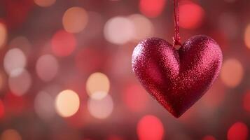 A red heart hanging from a string on a red background photo