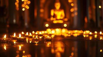 Candles are lit in a temple with a buddha statue in the background photo