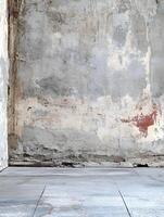 An empty room with a concrete floor and a wall photo