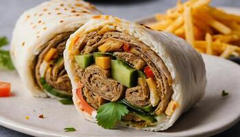 a wrap with meat, vegetables and fries on a plate photo