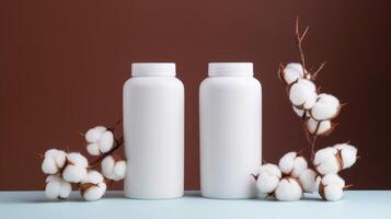 A scene with two white jars for talcum powder or other cosmetic products with cotton twigs. mockup photo