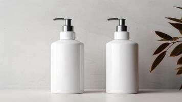 two white soap jars with chrome dispenser. Luxury premium mockup for cosmetics, spa products photo