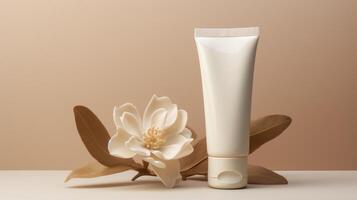 light cream color plastic cosmetic tube mockup on beige background with flowers and with copy space photo