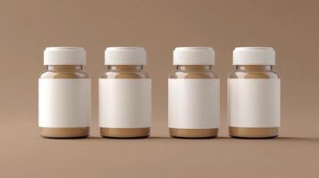 four identical glass jars for food additives, tablets, capsules. Mockups on a beige background with a shadow photo