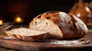 fresh bread on a wooden board with a piece cut off photo