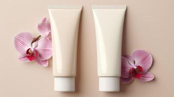 Two light cream color plastic cosmetic tubes mockup on beige background with flowers orchid photo