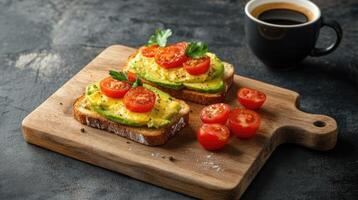 vegetarian breakfast. bruschetta with avocado, herbs and tomato on a wooden board with a cup of coffee photo